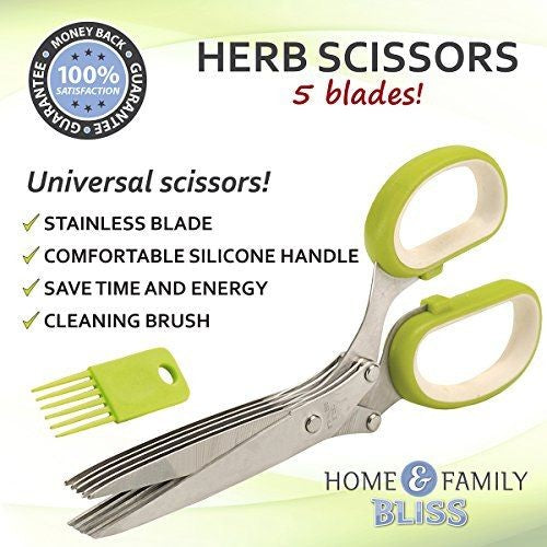 Herb Scissors with 5 Blades & Cleaning Kit, Stainless Steel Kitchen Shears for Herbs, Lettuce, Cilantro, Dishwasher Safe, Soft-Grip Handle