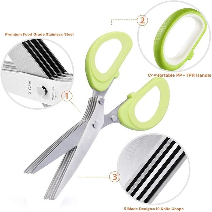 Herb Scissors with 5 Blades & Cleaning Kit, Stainless Steel Kitchen Shears for Herbs, Lettuce, Cilantro, Dishwasher Safe, Soft-Grip Handle