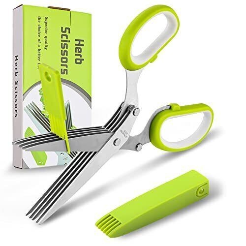 Herb Scissors with 5 Blades & Cleaning Kit, Stainless Steel Kitchen Shears for Herbs, Lettuce, Cilantro, Dishwasher Safe, Soft-Grip Handle